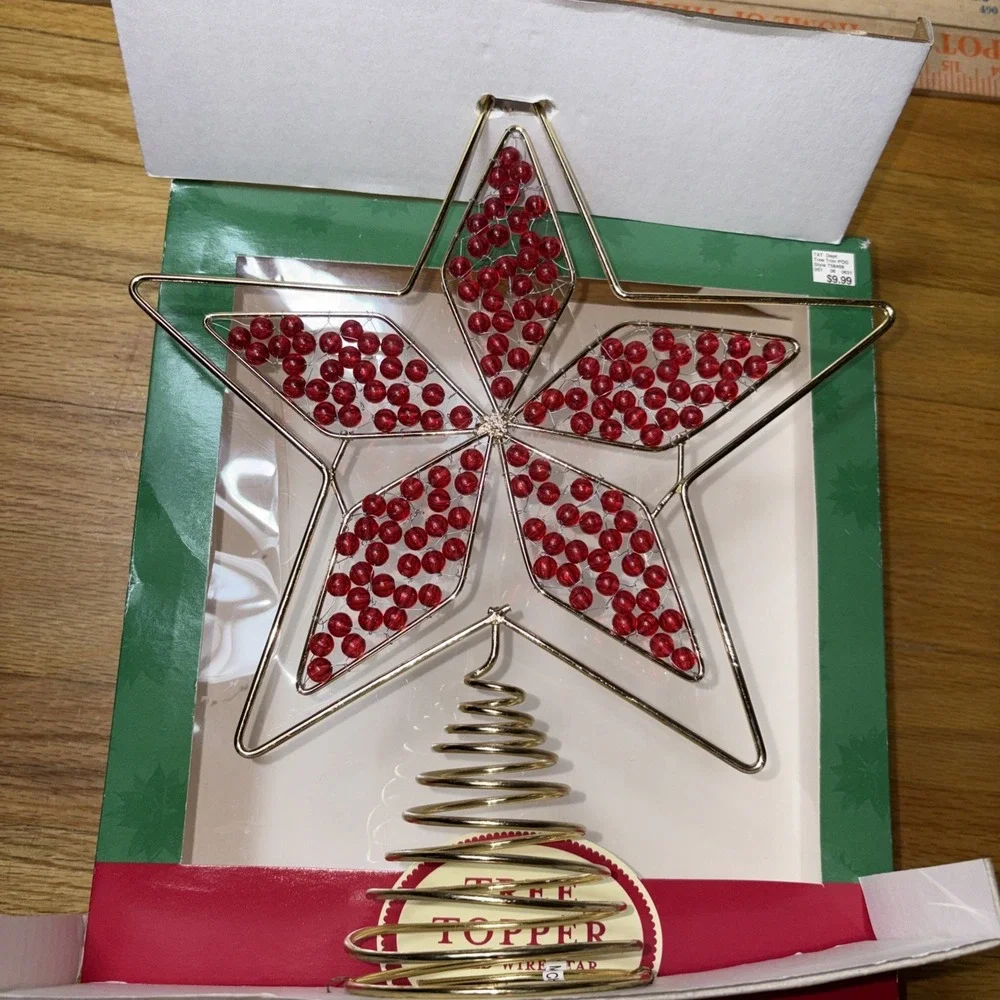 New‎ Tree Topper Gold Star Wire With Red Beads 11